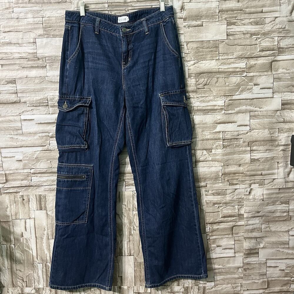 Cello Womens Jean Blue Cargo Wide Leg 90s Streetwear Baggy Size 9 Pockets Zip